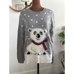 Holiday Time Womens‎ Gray Polar Bear Christmas Sweater M Festive Holiday Outfit